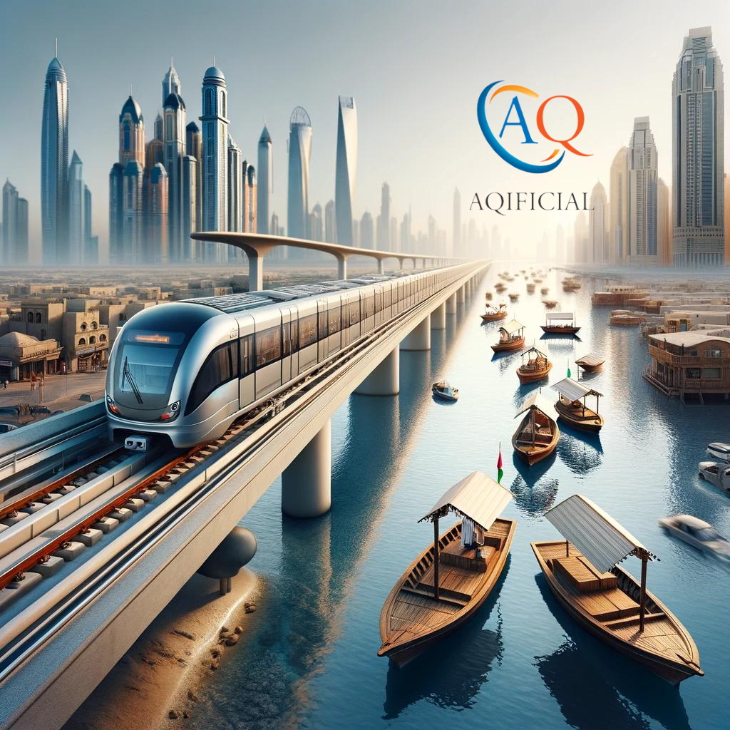 The Dubai Metro and traditional Abras boats in one image, representing efficient transportation in Dubai.