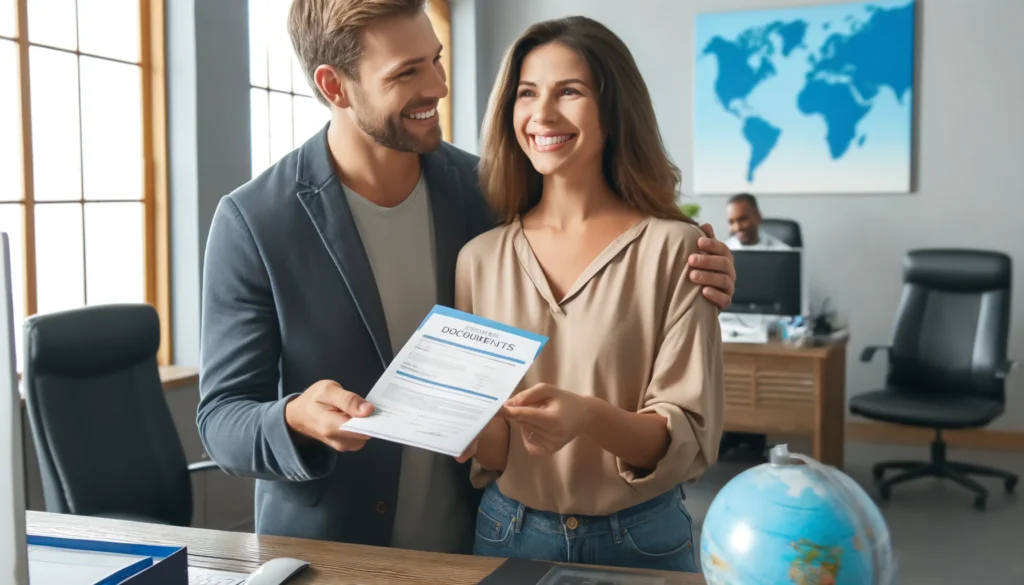 A heartwarming scene in a travel agency where a travel agent is handing over personalized travel documents to a client with a smile. The client looks