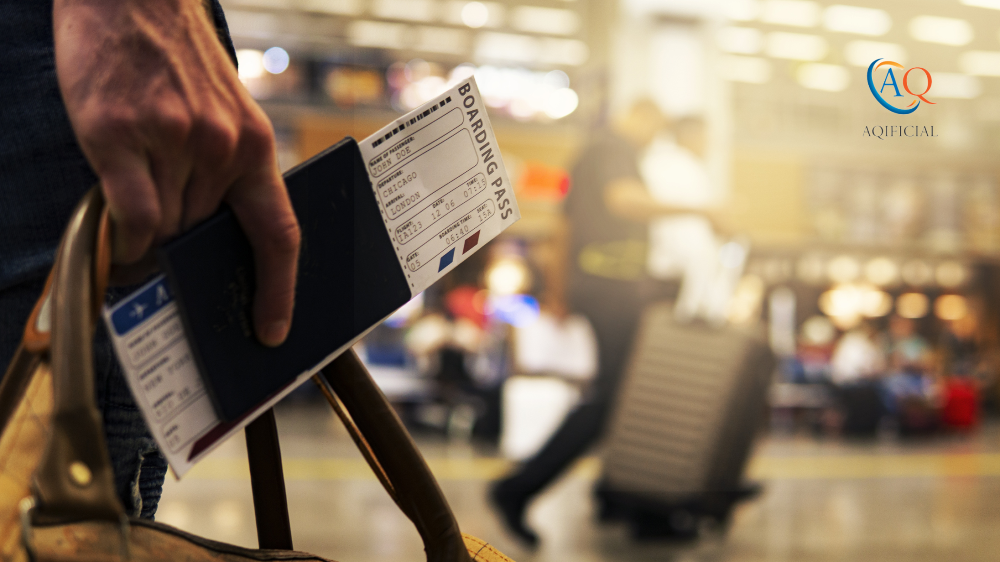 Close-up of a person's hand holding a boarding pass and a passport at an airport with blurry travelers and a luggage trolley in the background, alongside a logo that reads 'AQ Official'.