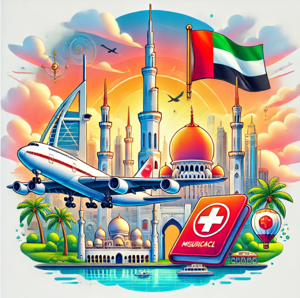 Vibrant travel image showcasing UAE landmarks like Burj Khalifa and Sheikh Zayed Grand Mosque, with elements representing travel insurance including an airplane, passport, and medical cross symbol.